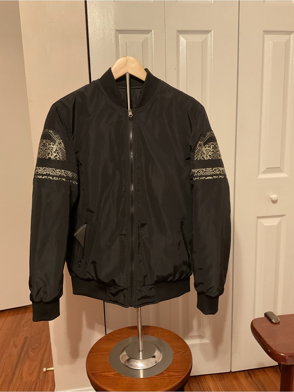 Black Bomber Jacket with silk Sleeve Pattern - unisex